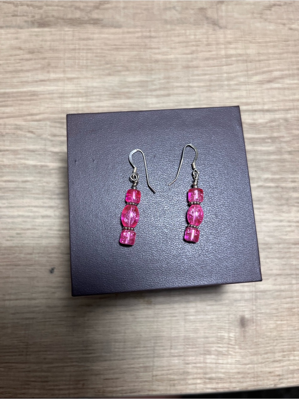 925 Sterling Silver Pink Bead Dangle Drop Earrings French Hook